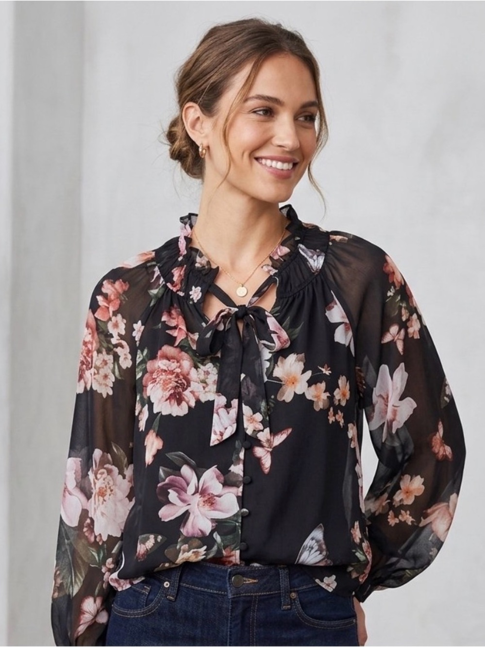 Joie Black Floral Tie-Front Sheer Blouse Size S